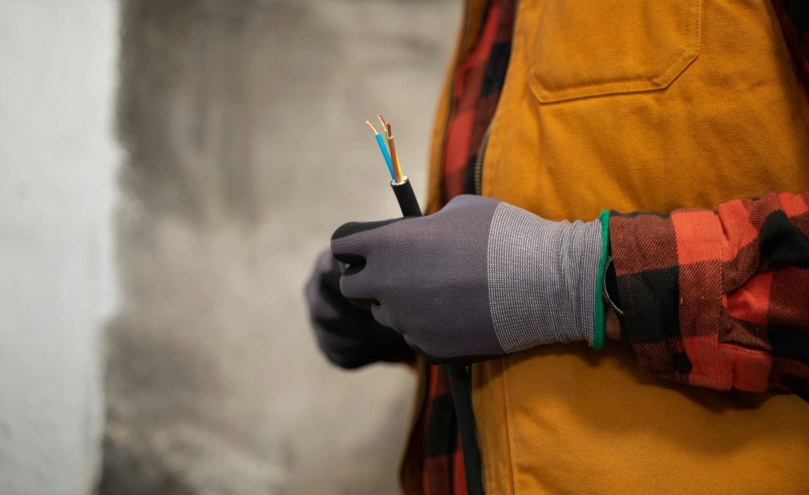 Elektricien met werkhandschoenen houdt een afgestripte kabel vast